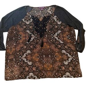 GLORIA VANDERBILT top blouse shirt boho 2X black brown gray lace